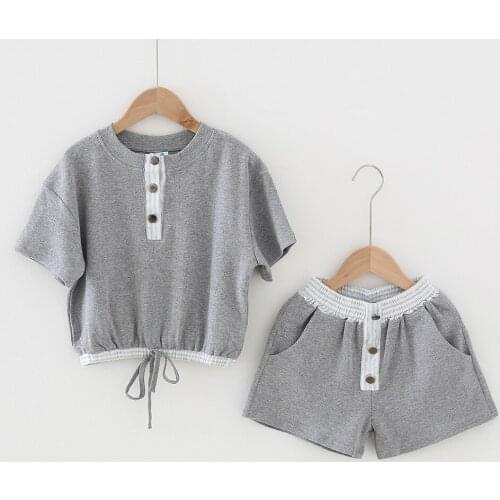 Teens Girl Sports Leisure Casual 2 Piece Sets Grey Color 2021 Summer Shorts Cotton Clothes Set Children Wear