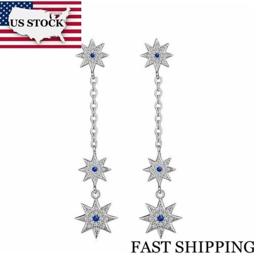 US STOCK Uloveido 5% Off Dangle Earrings for Women Israel Flag Earring Silver Color Octagram Oorbellen Star Long Earings ED316