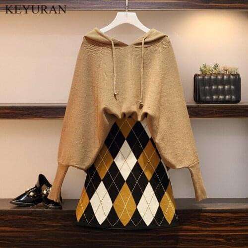Plus Size XL-4XL 2021 Boawing Long Sleeve Hooded Sweater Tops + Plaid Print Skirt Casual 2 Pieces Set Knitting Clothing Suits