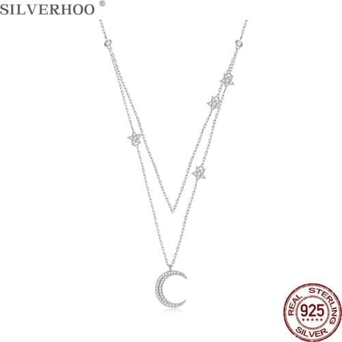 SILVERHOO 925 Sterling Silver Women Necklace Multilayer Moon Pendant Necklace Star Zircon Fine Jewelry Daily Beautiful Present
