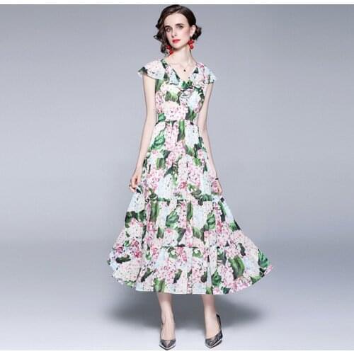 2021 Summer Elegant Green Leaves Pink Flower Printed Holiday Long Chiffon Dress Fairy Women V Neck Ruffles Boho Pleated Dress