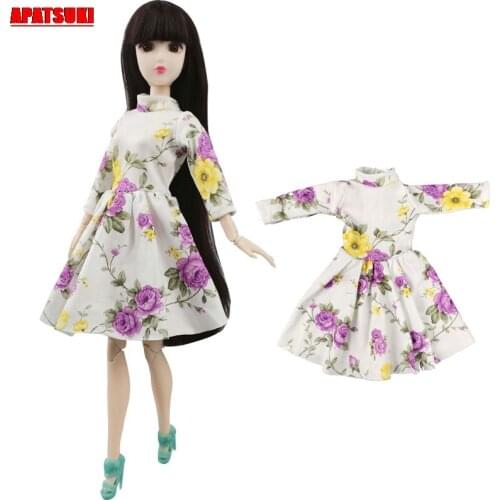 Casual Wear Long Sleeve High Neck Outfits Clothes for Barbie Doll Floral Short Mini Dress Doll Accessories Kid DIY Toy for Girls