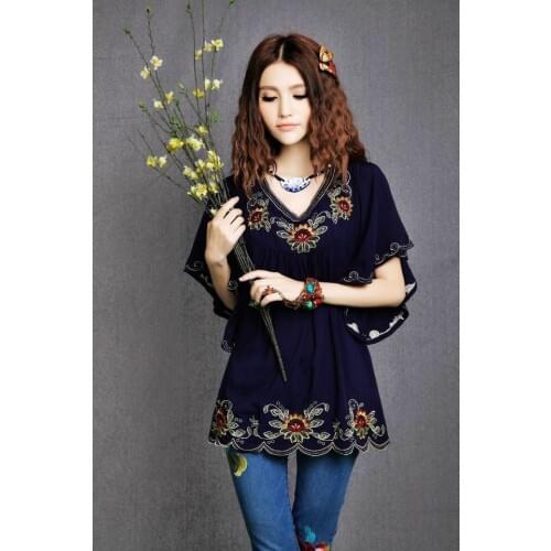 2021 New Fashion Women Cheap Plus Size Clothing Vintage Hippie Boho Ethnic Totem Pattern Embroidered Blouse Blusas