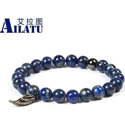 Ailatu Women Men Jewelry Wholesale 10pcs/lot 8mm Natural Lapis Lazuli Prayer Stone Beads with Wing Owl Pendant Bracelet