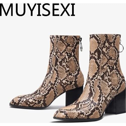 Leopard print fashion natural leather nightclub 7cm thick high heels square toe back zipper mature concise boots HL321 MUYISEXI