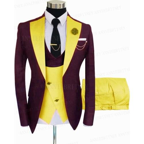 New Fashion Burgundy Formal Suit for Men Custom Slim Fit Groom Tuxedo Business Jacket Double Breasted Yellow Vest Pants 3 Pieces