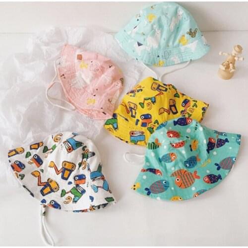 Children Cute Sun Hat Cartoon Printed Basin Baby Sunshade Hat Kids Adjustable Fisherman Hat Sunscreen Hats Pattern Bucket Hats