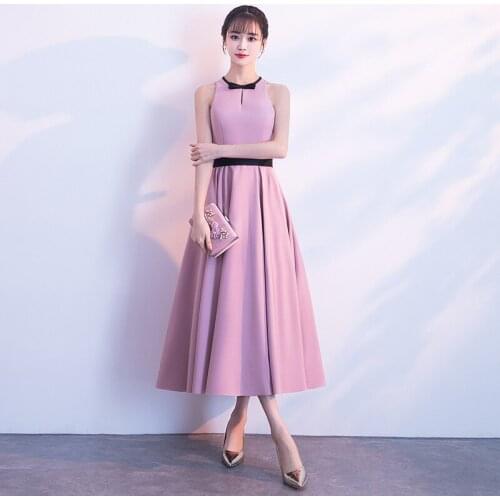 Cocktail Dresses Elegant Pink O-neck Tie Bow Party Gowns Simple Tea-length Sleeveless Zipper Back Formal Dress E405
