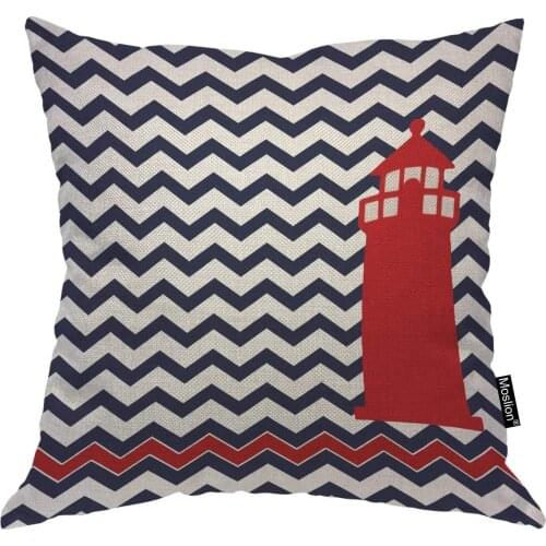 Moslion Throw Pillow Cover Lighthouse 18x18 Inch Nautical Red Chevron Blue Wave Fashion Square Pillow Case Cushion Cover Home