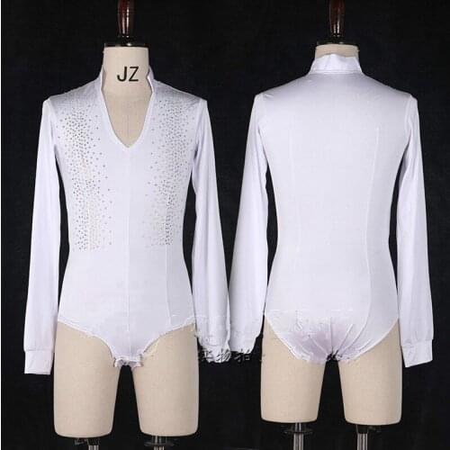 New Fashion Latin Dance Tops For Male Shiny Rhinestone White Color V-neck Shirts Mens Latin Dance Ballroom Costumes
