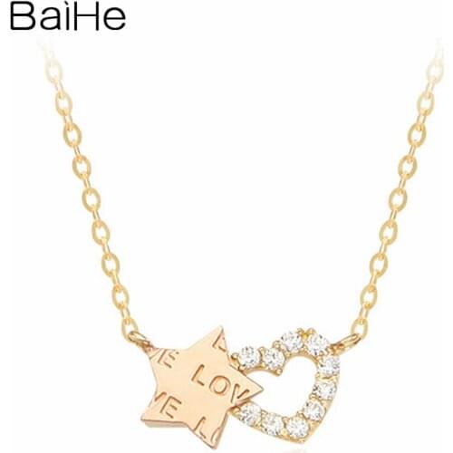 BAIHE Solid 18K Yellow Rose Gold 0.07ct Round Natural Diamonds Wedding Gift Trendy Fine Jewelry Star Heart Diamond Necklaces