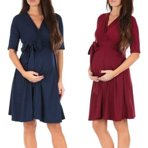 Fashion Hot Pregant Women Solid Color V-neck Bandgae Mini Dress With Sashes V-Neck Soft Night Dresses Nuring Maternity Dresses