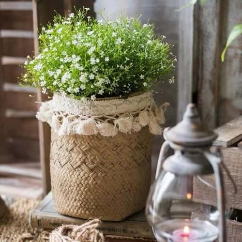 Plant Pot Flower Basin Soil Culture Garden Decoration Outdoor Straw Weaving Effect Cement Tassel Set Art Furnishings Naturally