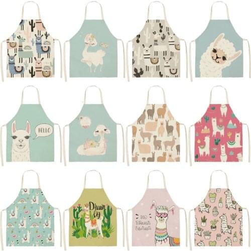 Cute Alpaca Cactus PrintedCotton Linen Sleeveless Aprons Kitchen Women Pinafore Home Cooking Baking Waist Bib 53*65cm