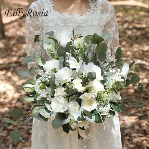 EillyRosia Rustic Bridal Bouquet White Green Country Wedding Flowers Artificial Wildflowers Boho Destination Wedding Accessories