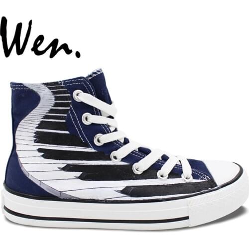 Wen Blue Hand Painted Shoes Original Design Custom Piano Keyboard Men Womens High Top Canvas Sneakers Birthday Gifts