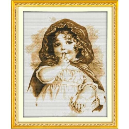 Cute little girl sucking finger decorative painting, 11CT 14CT printed cloth needlework handmade cross-stitch embroidery