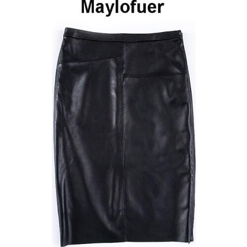 2021 Genuine and Real Sheepskin Leather Spring Women Skirt High Waist Newest Night Club Celebrity Mid-calf Bodycon Sexy Bandage
