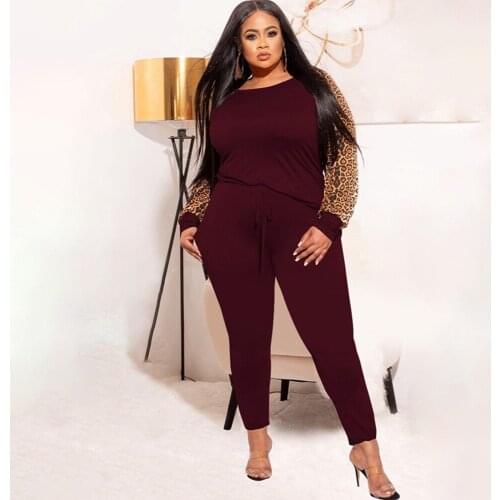 ZJFZML ZZ Women Clothing 2 Piece Set Plus Size Leopard Spliced Long Sleeve Pullover Top+drawstring Pant Dropshipping Wholesale