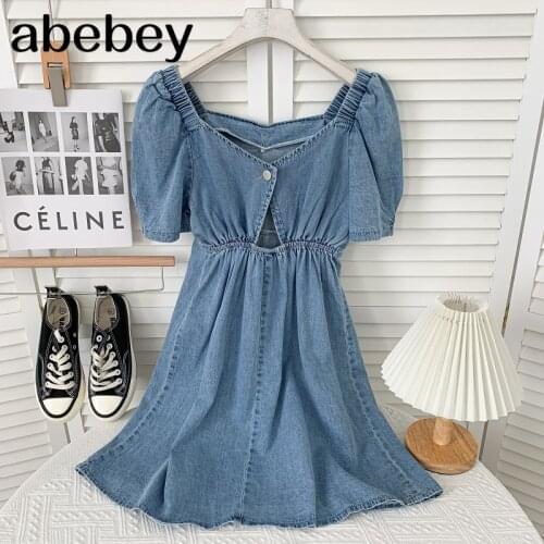Temperament square collar puff sleeve Dress high waist pleated waist hollow out design backless denim Dress 2021 New Summer