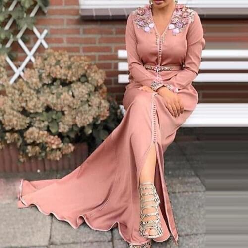 Pink Moroccan Caftan Evening Dress 2021 Long Sleeves Islamic Dubai Saudi Arabic Formal Evening Dress Appliques Abaya Prom Dress