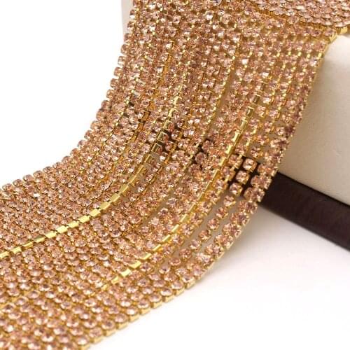 10Yard/Lot Bling Peach Color Crystal Rhinestones Chain DIY Gold Base Claw Chain Rhinstone For Wedding Garment Art Decoration