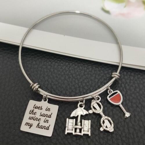 2.5 inches Adjustable Expandable Wire Beach Bangle Toes in the Sand Wine in the Hand Beach Chair Sunglasses Charms Bracelets