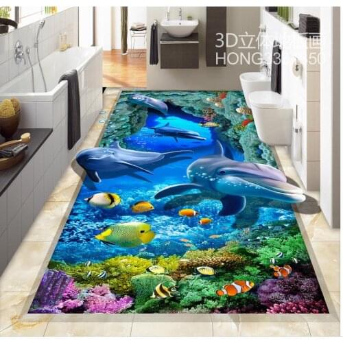 3D wall mural flooring Custom Photo self-adhesive 3D floor dolphin PVC waterfall floor Home Decoration