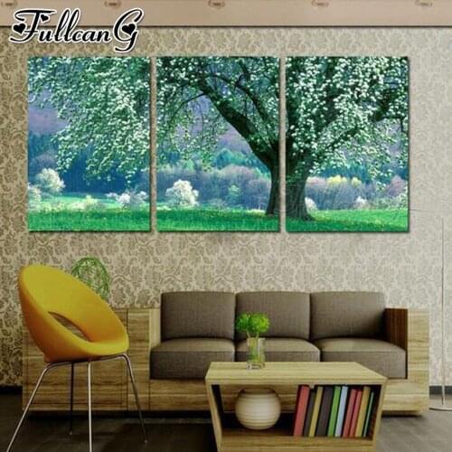 FULLCANG 5d diy diamond embroidery sale green flower tree diamond painting triptych full square round drill decoration FC2494