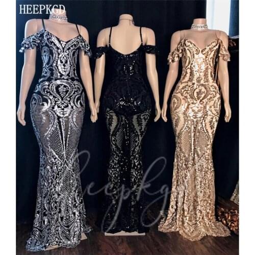 Shiny Sliver Mermaid Sequin Long Prom Dresses Spaghetti Strap See Through Sexy African Special Occasion Dress Plus Size Gowns