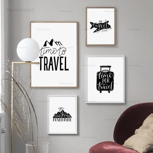 Black White Time To Travel Letters Patterns Minimalist Nordic Posters and Prints Canvas Painting Wall Pictures Kids Room Decor