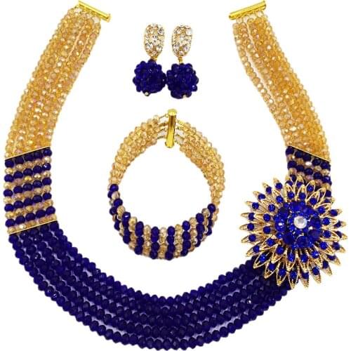 Graceful royal blue champagne gold ab nigerian wedding african beads jewelry set crystal