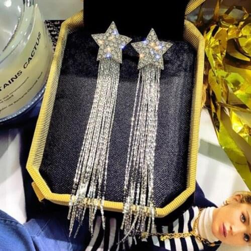 Exknl Luxury Long Big Tassel Drop Earrings for Women Wedding Boho Crystal Star Dangle Metal Earrings Jewelry Fashion Female 2021