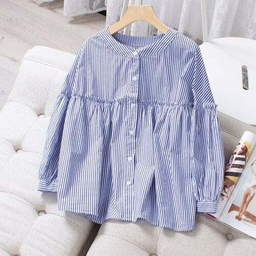 Cotton Ruffles Striped Women Shirts Summer New 2021 Blue Loose Casual All Match Office Lady Elegant Outwear Tops