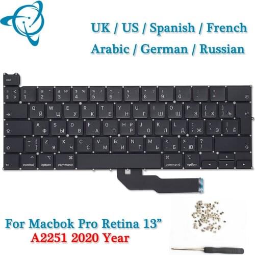 EU UK US French Spanish German Russian Arabic Turkish A2251 Keyboard for MacBook Pro Retina 13" Keyboard Screws + Tool 2020 Year