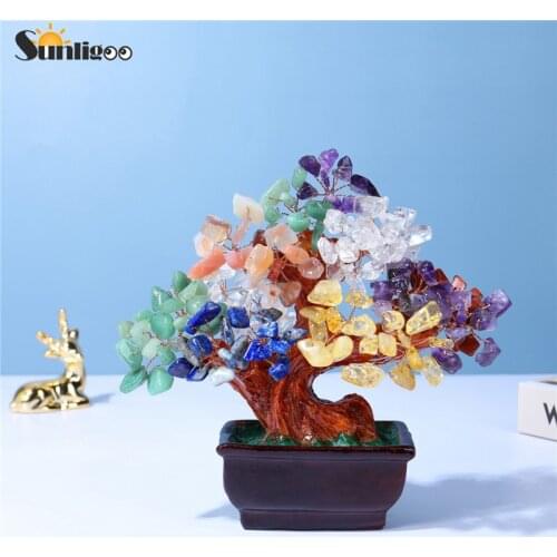 Sunligoo Chakra Amethyst Feng Shui Money Tree Ornaments Mini Tumbled Gemstones Bonsai Tree Figurines Resin Vase Office Home Deco