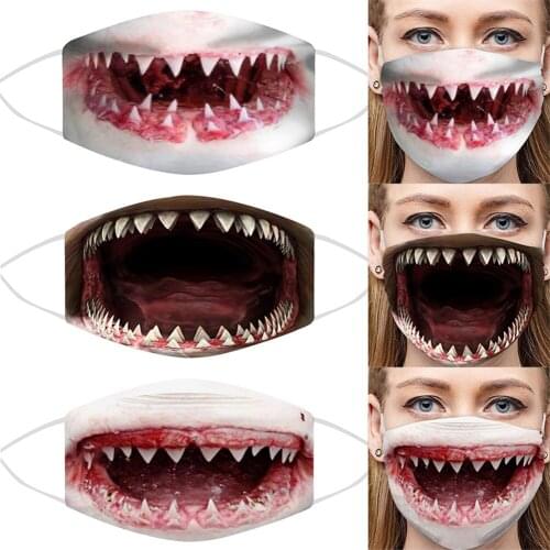 3PCS/Set Halloween Men And Women Washable Water Exaggerated Funny Print Shark Mouth Mask Universe