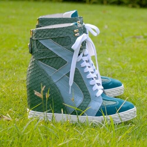 Fashion Blue Snakeskin Leather Patchwork Sneaker 8 cm Height Increasing Woman High Top Casual Shoes Back Zip Lace up Bottine
