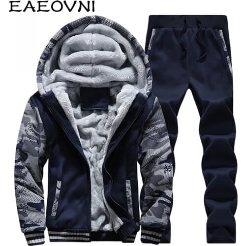 EAEOVNI Mens Winter Jacket and Pant Tracksuit Men Fleece Lined Hooded Sweatshirt Outfit Print Warm Jackets Coats Thick Hoodie