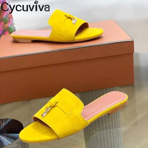 Kid Suede Mules Metal Lock Decorate Slippers Women Shoes Slip On Peep Toe Flat Shoes For Women Casual Slides Ladies Shoes Summer