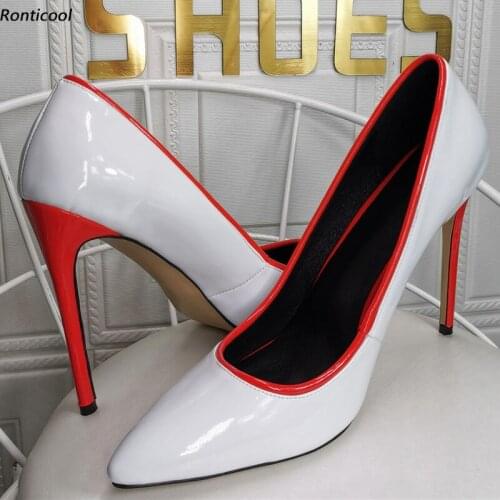 Ronticool New Arrival Handmade Women Spring Pumps Patent Leather Stiletto Heel Pointed Toe Pretty Dress Shoes US Plus Size 5-15