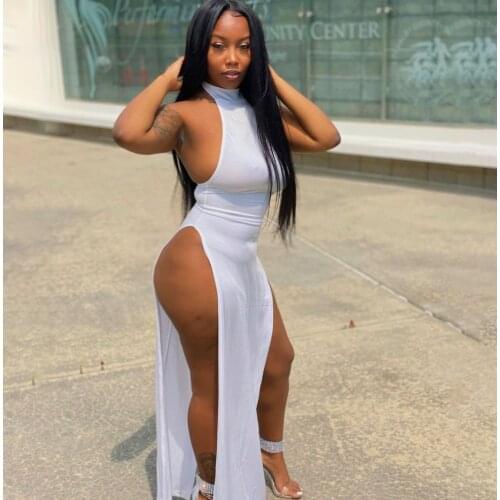 Solid Color Sexy Pullover Long Dress Womens Clothing Sleeveless Split Half High Collar Bodycon Dresses Female Clubwear Vestidos