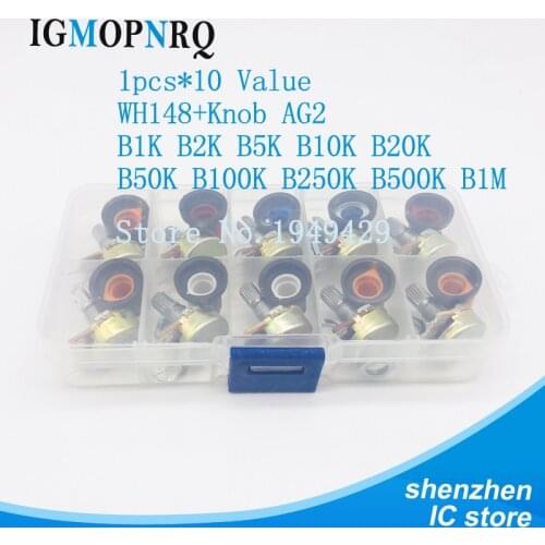 10set/20pcs WH148 potentiometer B1K 2K B5K B10K B20K B50K B100K B250K ohm 3PIN 15MM Knob AG2 Yellow Orange Blue White Red15x17mm