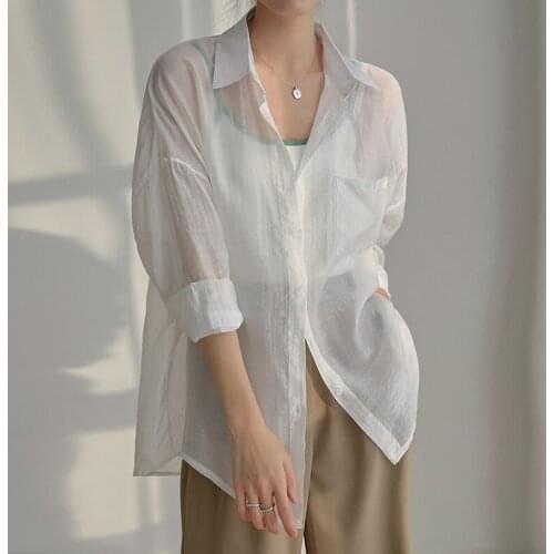 QOERLIN 2021 Chiffon Thin Summer Sweet Chic Large Size Casual Stylish See Through Long Sleeve Sexy Transparent White Blouses