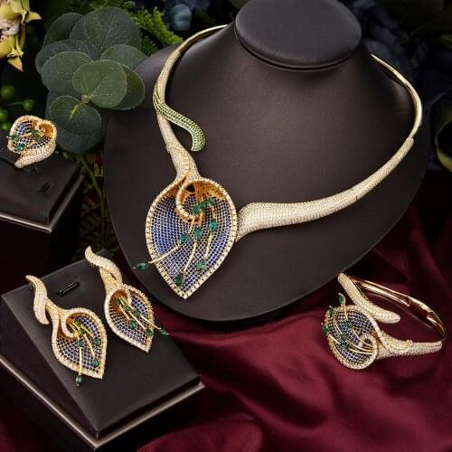 Luxury lily Flower Bridal Necklace Bracelet Earring Ring Jewelry set For Ladies Women Wedding African CZ Dubai Accessories