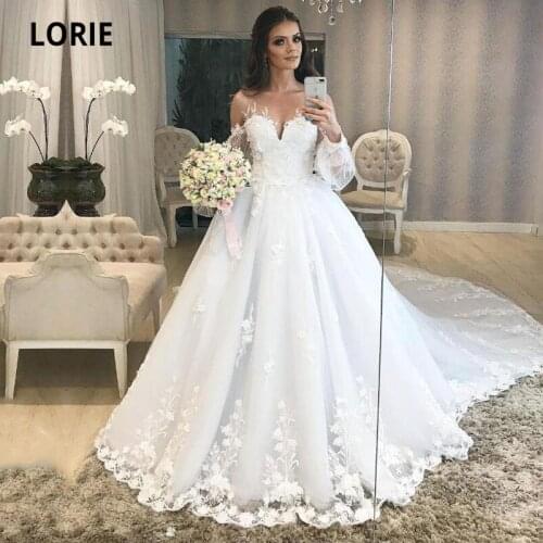 LORIE Luxury Wedding Dresses 2021 O-Neck Appliques Lace Long Puff Sleeves A-Line Long Train Wedding Gown bridal dress 2021