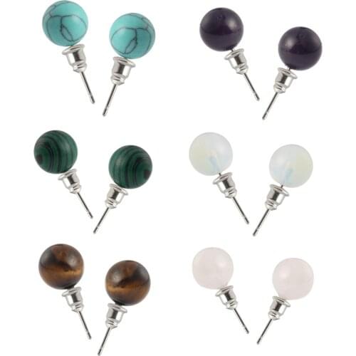 Natural Stone Earrings Round Beads Rose Quartzs/ Tiger Eyes Earrings Turquoisesd Stone Plated