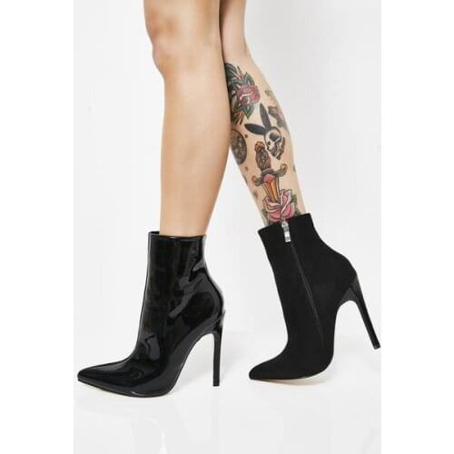 Sestito Women Shinning Patent Leather High Heels Ankle Boots Ladies Pointed Toe Solid Dress Party Shoes Girls Zipper Fall Shoes