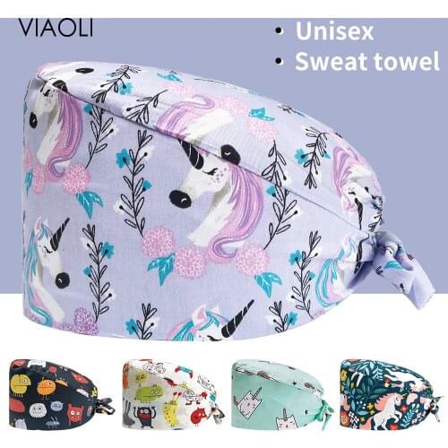 Cartoon Print 100%cotton Multicolor Hats Adjustable Scrub Surgery Nursing Cap Pet Clinic Veterinary Work Hat Medical Accessories
