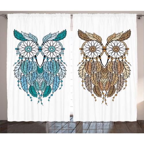 Boho Owls Curtains Abstract Tibal Art of Night Birds Satin Fabric Drapes for Living Room Bedroom 2 Panel Window Set
